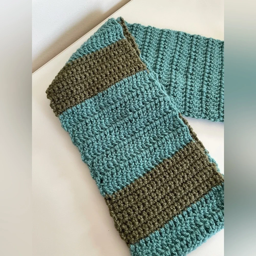 Handmade Crochet Infinity Teal and Olive Green Stripe Scarf